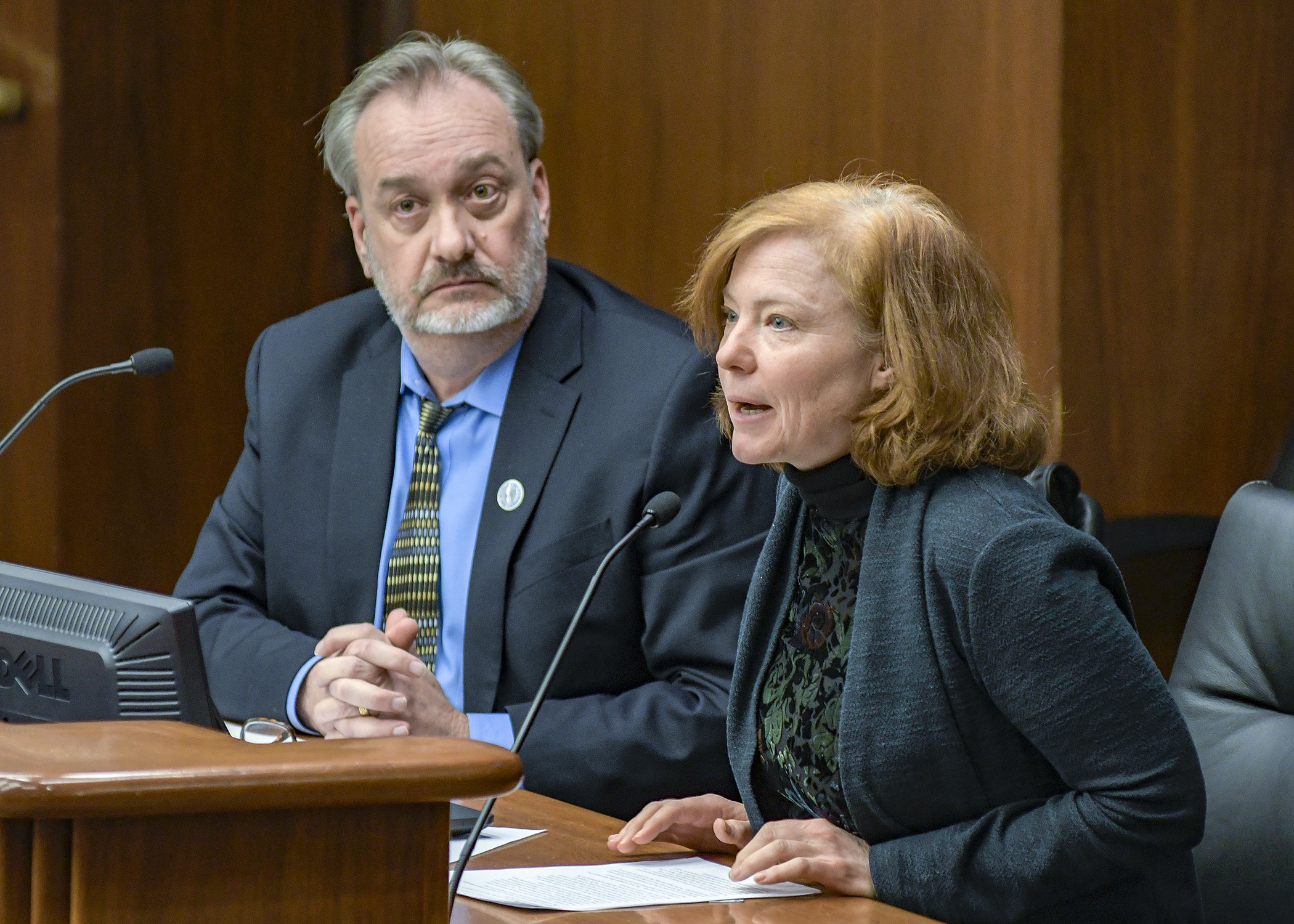 Representing the Coalition of Greater Minnesota Cities, Elizabeth Wefel testifies before the House Environment and Natural Resources Finance Division for a bill sponsored by Rep. Rick Hansen, left, on capital projects funding. Photo by Andrew VonBank